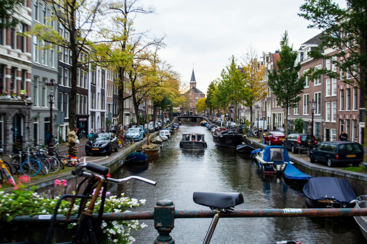 Amsterdam canals and gabled houses at golden hour