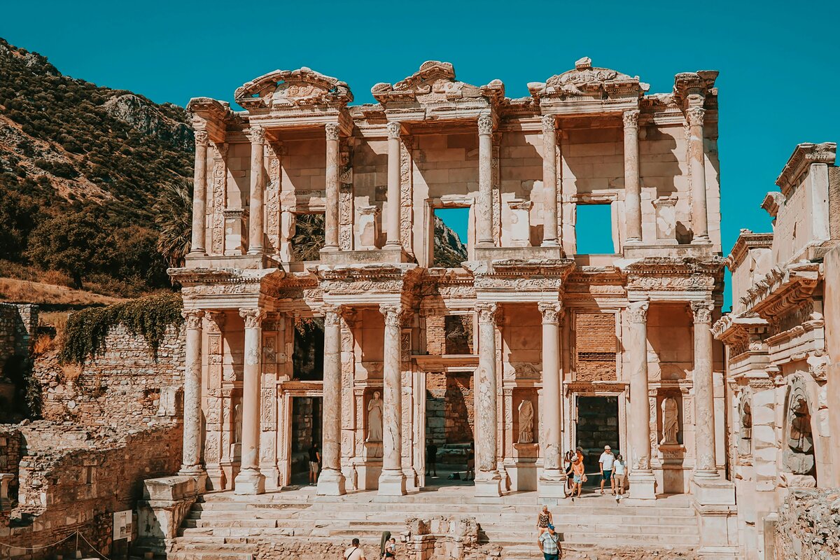 Library of Celsus ruins in Ephesus at sunset