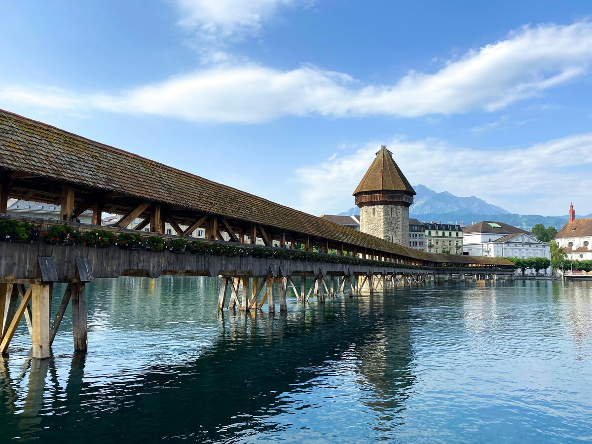 Lucerne’s Chapel Bridge and lakeside promenade with Alps backdrop