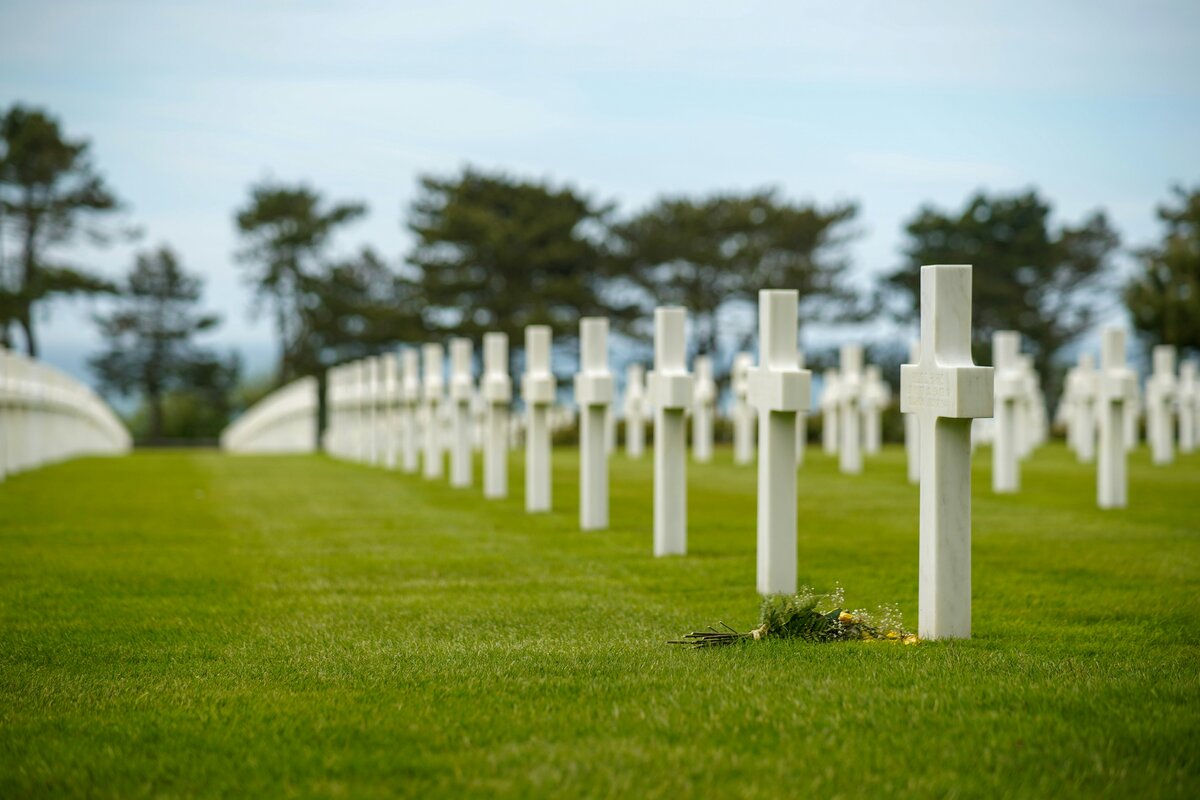 Omaha Beach coastline under morning mist